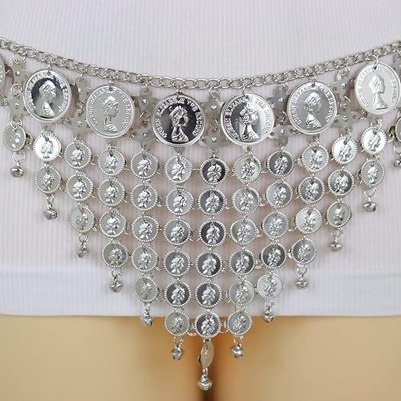 Women Silver Metal Chain Coin Charms Dangle Costume Belt for Belly Dance (S/M/L) - Picture 8 of 17